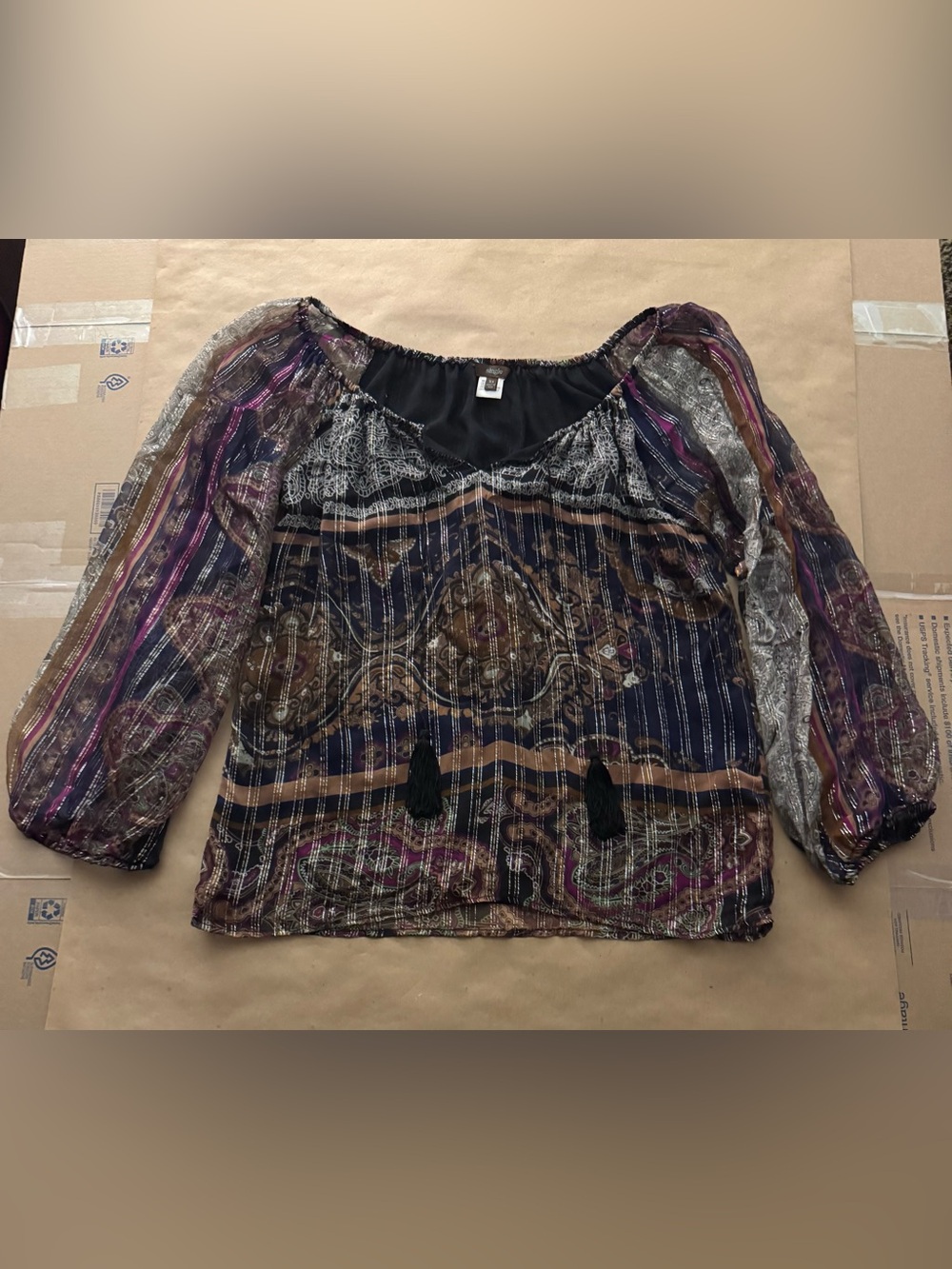 Single Blouse Vintage 100% Silk Artsy Eclectic 70s Y2K Tassel Top Multicolor XS